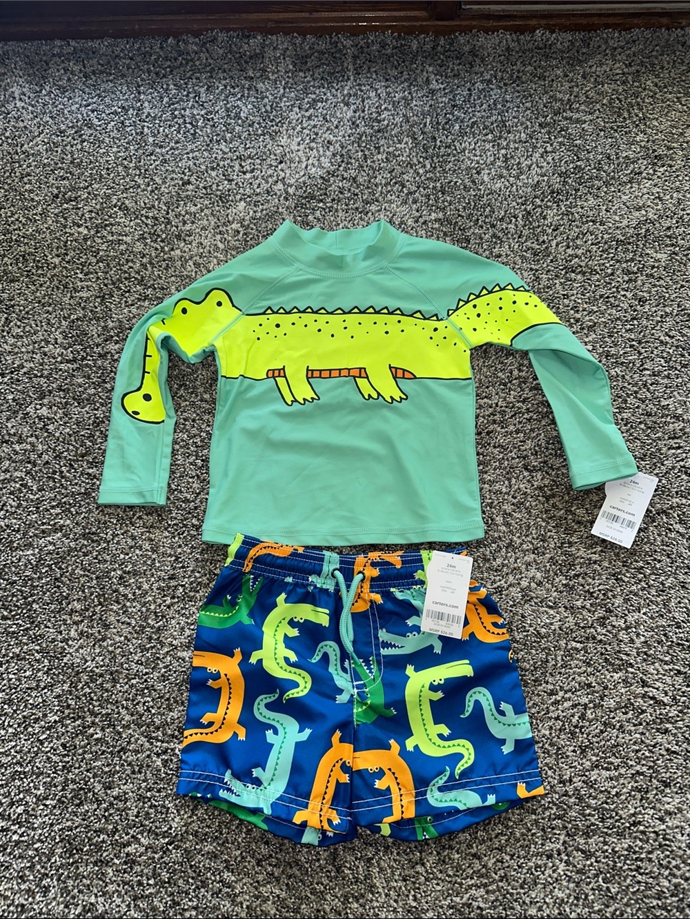 Carter's Mint & Neon Yellow Crocodile Rashguard with Navy Multi Croc Shorts